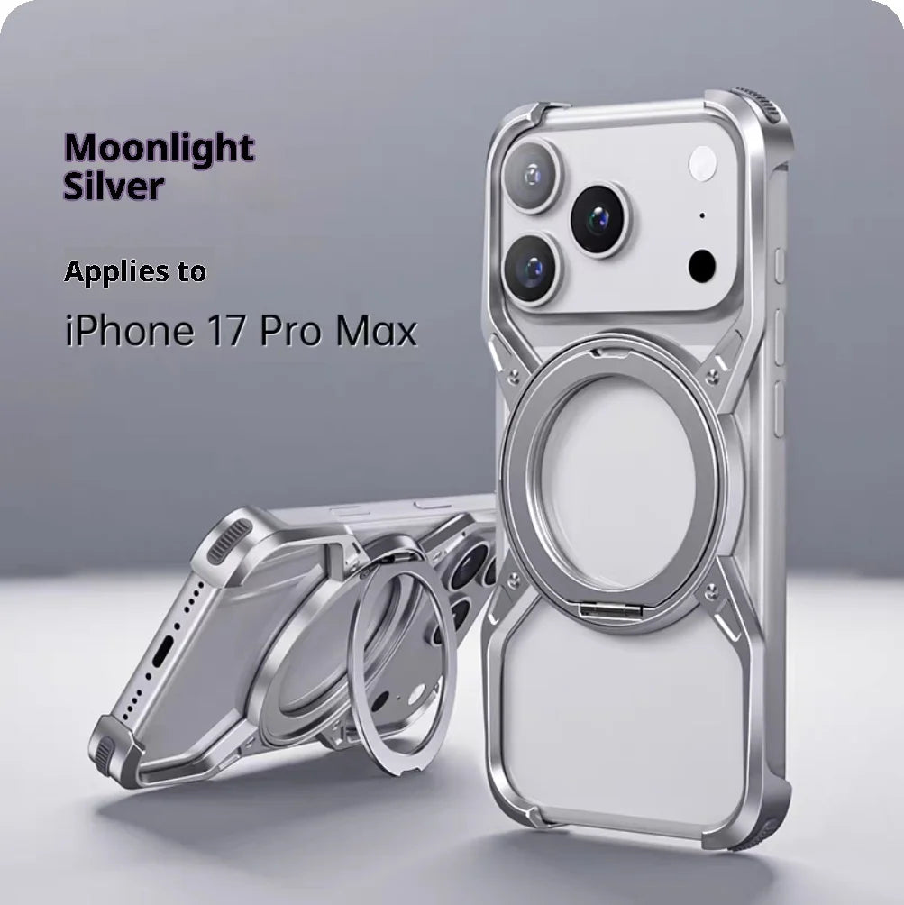 For iPhone 17 Pro Max 17Pro For MagSafe Orange Aluminum Alloy Magnetic Stand Phone Case Removable  Metal Rimless Bumper Cover