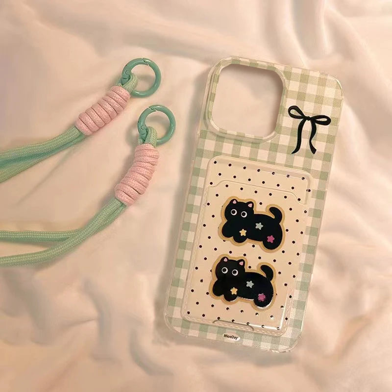 Card bag with transparent grid ripple points, two cat phone cases with hanging ropes for iPhone 11 12 13 4 15 16 promax