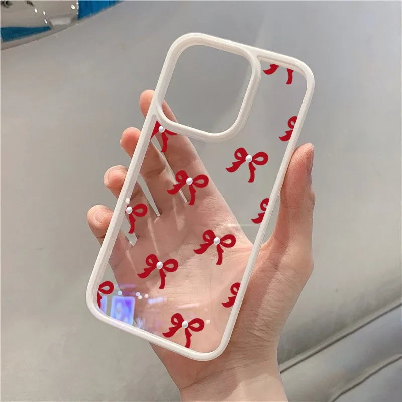 Fashionable Red Pink Bow Phone Case For IPhone 16 15 Pro Max Plus 14 13 12 11 Pro Max XR X XS Max 7 8 Plus SE Clear Cover Case