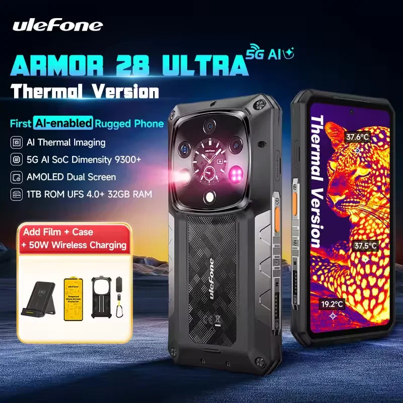 Ulefone Armor 28 Ultra 5G AI Thermal Imaging Rugged Phone 16GB+1TB Smartphone Android 14 AMOLED 6.67" Dimensity 9300+ 120W 5G