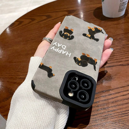 Cute Happy Dog Silicone Leather Phone Case For iPhone 14 12 11 13 15 Pro Max Mini 16 Plus 17 ProMax Air Soft Shockproof Cover