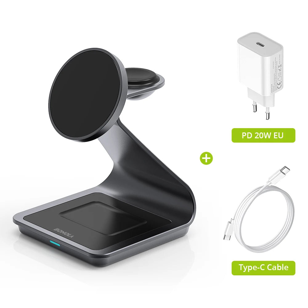 Bonola Magnetic 3 in 1 Charger Metal Stand for iPhone 14/15/16/17 Pro Fast Wireless Charging Desk Holder for Apple Watch/AirPods