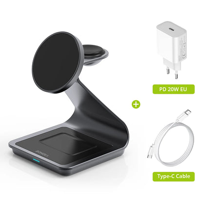 Bonola Magnetic 3 in 1 Charger Metal Stand for iPhone 14/15/16/17 Pro Fast Wireless Charging Desk Holder for Apple Watch/AirPods