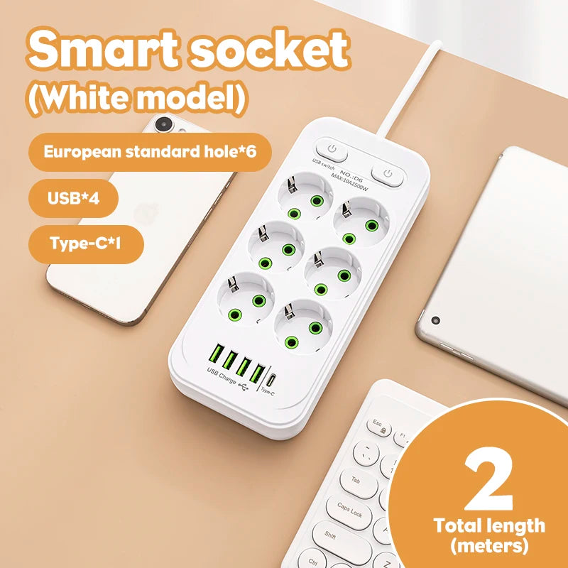 EU Plug AC Outlets Multitap Socket 2M Extension Cord Electrical Power Strip USB Type C Fast Charging Network Filter Adapter 1pc