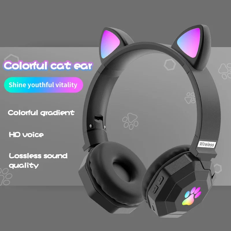 Flashing LED Cute Cat Ears Headphones Bluetooth Wireless Headset with Mic TF FM Kid Girl Stereo Music Earbud Kitten Earphon Gift