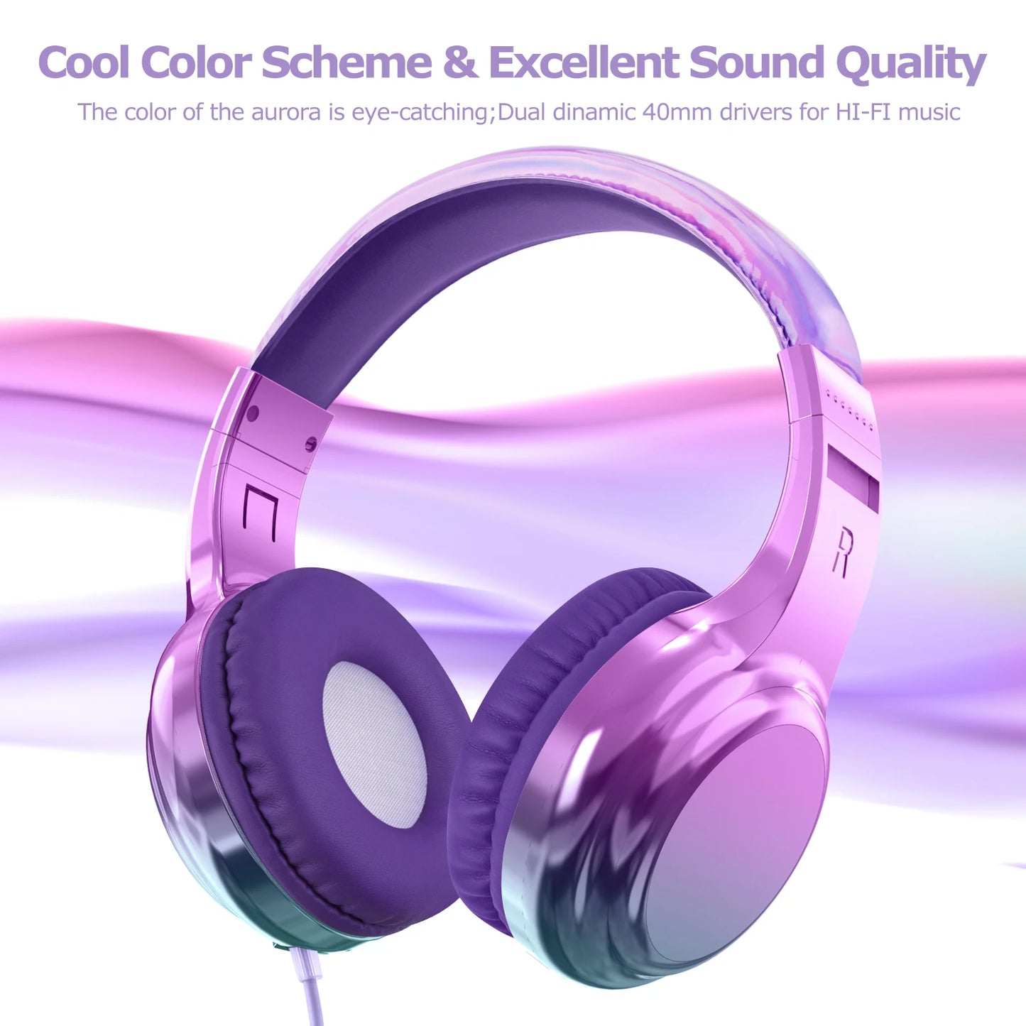 Gradient Cool Kids Headphones Girls Wired Headphones with Mic Adjustable Stereo Children Headphones for School/Travel Kids Gifts
