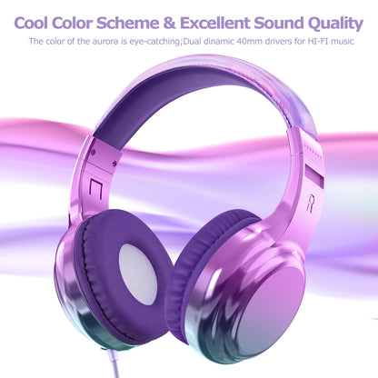 Gradient Cool Kids Headphones Girls Wired Headphones with Mic Adjustable Stereo Children Headphones for School/Travel Kids Gifts