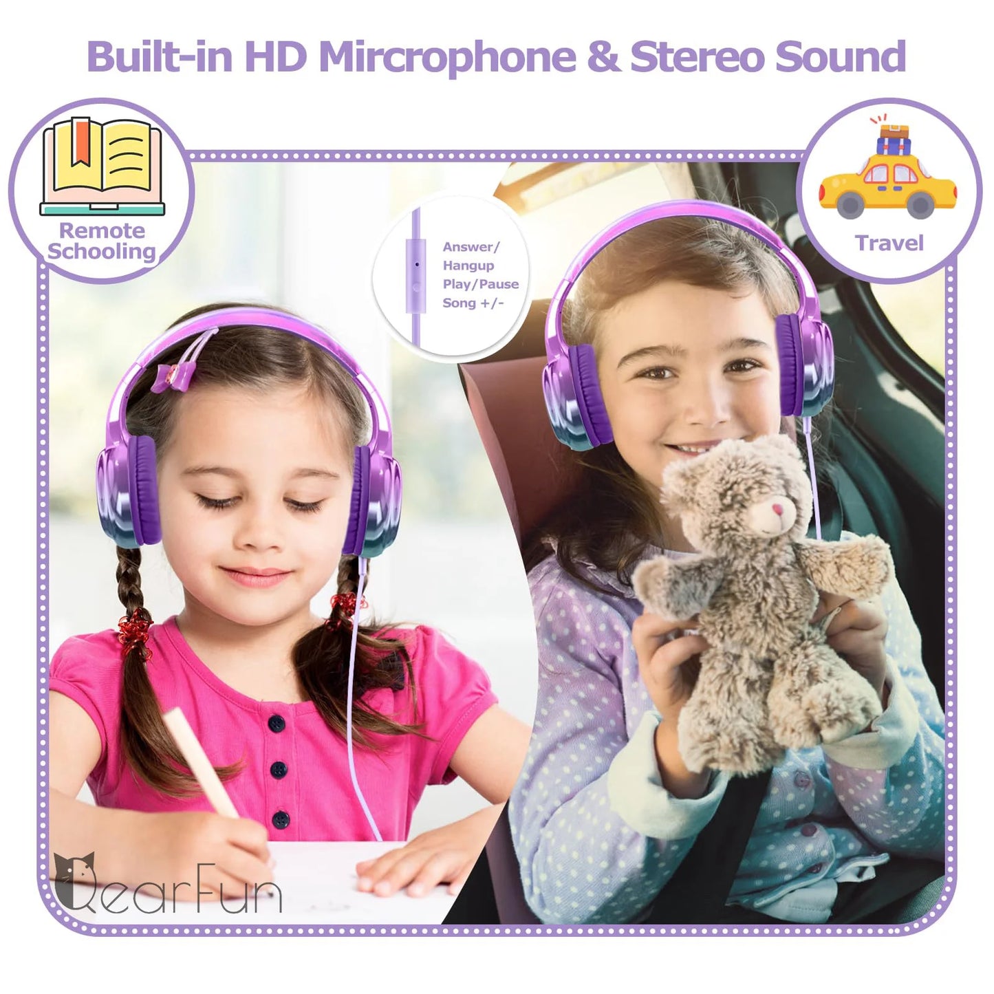 Gradient Cool Kids Headphones Girls Wired Headphones with Mic Adjustable Stereo Children Headphones for School/Travel Kids Gifts