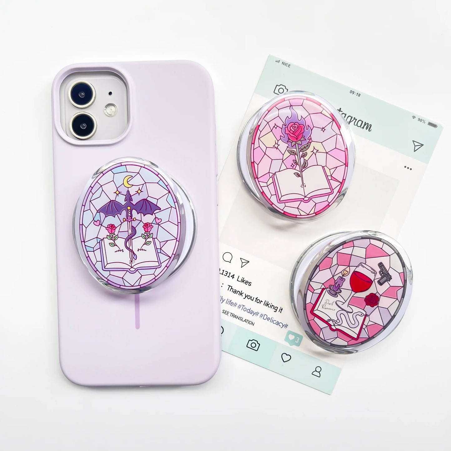 Magnetic Phone Grip for iPhone Acrylic Phone Holder Grip with Cute Dark Romantic Design Foldable Expanding Stand Kindle Griptok