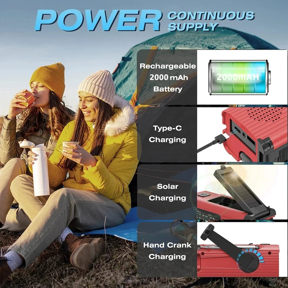 SOS Alarm Emergency Hand Crank Radio AM/FM NOAA Solar Power USB Chargeable 4000mAh Power Bank Portable Radio with LED Flashlight