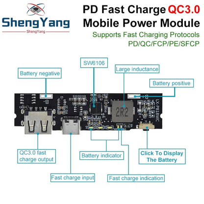 1/2/5PCS TZT QC3.0 QC2.0 Dual USB 18W Type-C USB SW6106PD Fast Charge Mobile Power Bank 18650 Charging Module With Indicator