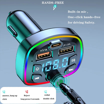 USB Car Charger Quick Charge Bluetooth 5.0 FM Transmitter  USB Type C 65W Car Fast Charging For iPhone 14 Samsung Xiaomi