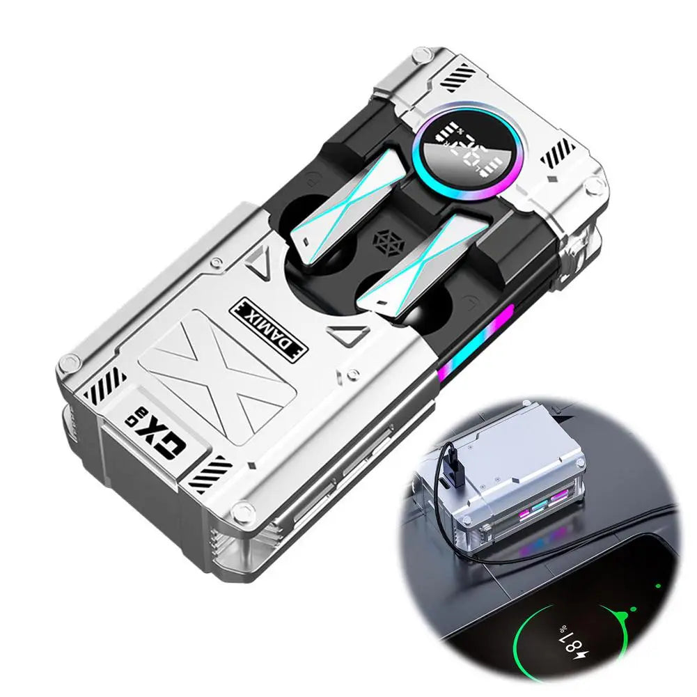 New 2026 DX-08 Mecha Wireless Earbuds Bluetooth 5.3 RGB LED Power Display 72H Playtime Low Latency Gaming Earphones