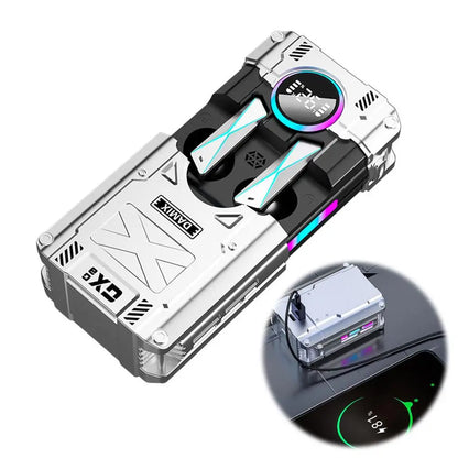 New 2026 DX-08 Mecha Wireless Earbuds Bluetooth 5.3 RGB LED Power Display 72H Playtime Low Latency Gaming Earphones