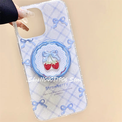 Korean Cute Cartoon Bowknot Strawberry Magnetic Holder Phone Stand Griptok Grip Tok Support For iPhone For Magsafe Accessories