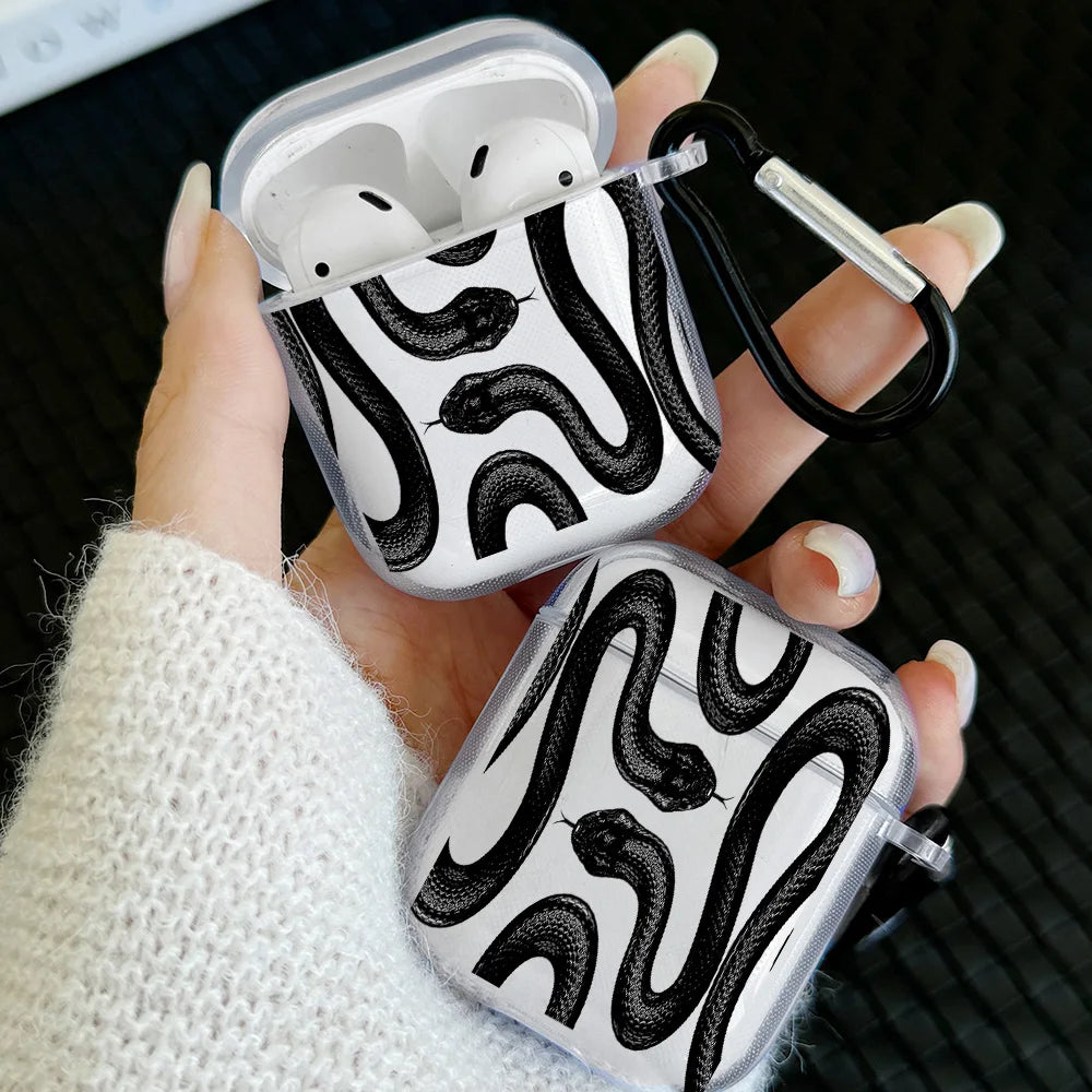 Simple Black Snake Design Case For AirPods 4 3 1 2 Gen TPU Earbuds Case For AirPods Pro 2/Pro Cover with Keychain Accessory