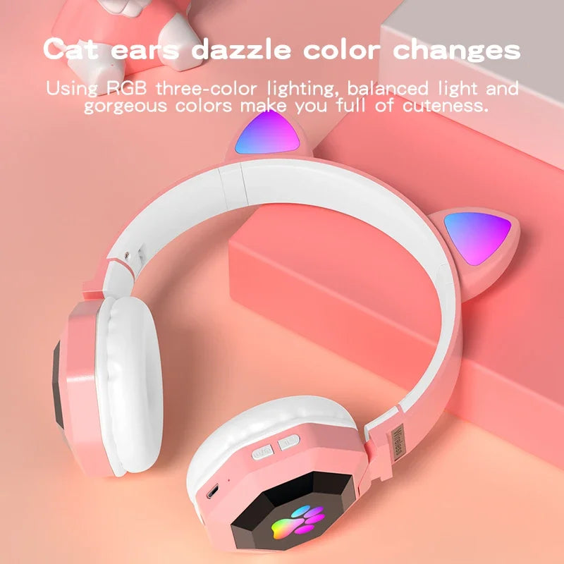 Flashing LED Cute Cat Ears Headphones Bluetooth Wireless Headset with Mic TF FM Kid Girl Stereo Music Earbud Kitten Earphon Gift