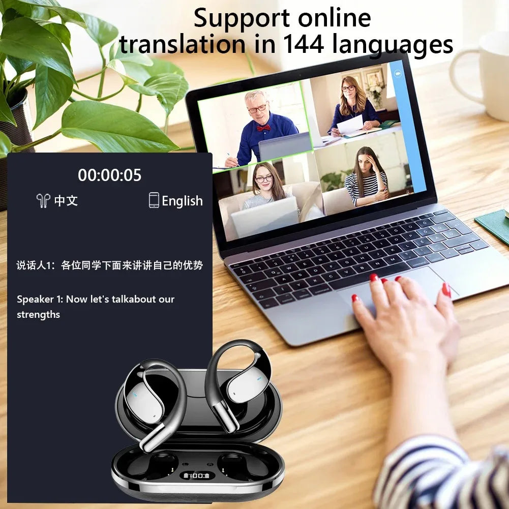 Bluetooth 5.4 AI Translation Earphones Real Time Support 144 Language Wireless Ear-hook Headsets HiFi Noise Reduction Headphones