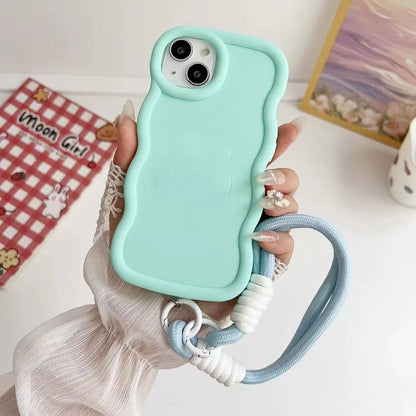 S24FE Cute Pure Color Wave l Hand Strap Case For Samsung S23FE S24 S24U S23 S22S21FE S20FE M55 M54 Bumper Shockproof Cover