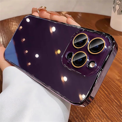 Luxury Plating Bumper Armor Glossy Case For iPhone 11 12 13 14 15 16 17 Pro Max Crystal Glass Lens Protection Hard Cover
