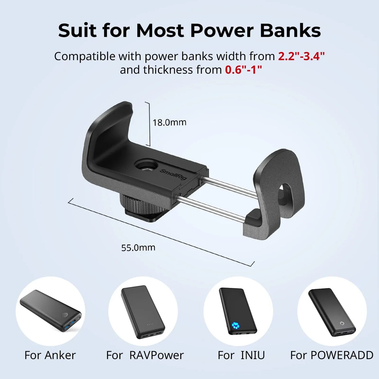 SmallRig Universal Power Bank Clamp w Cold Shoe Mount Compatible W Power Banks Ranging From 55mm to 86mm in Width For Cage 4600