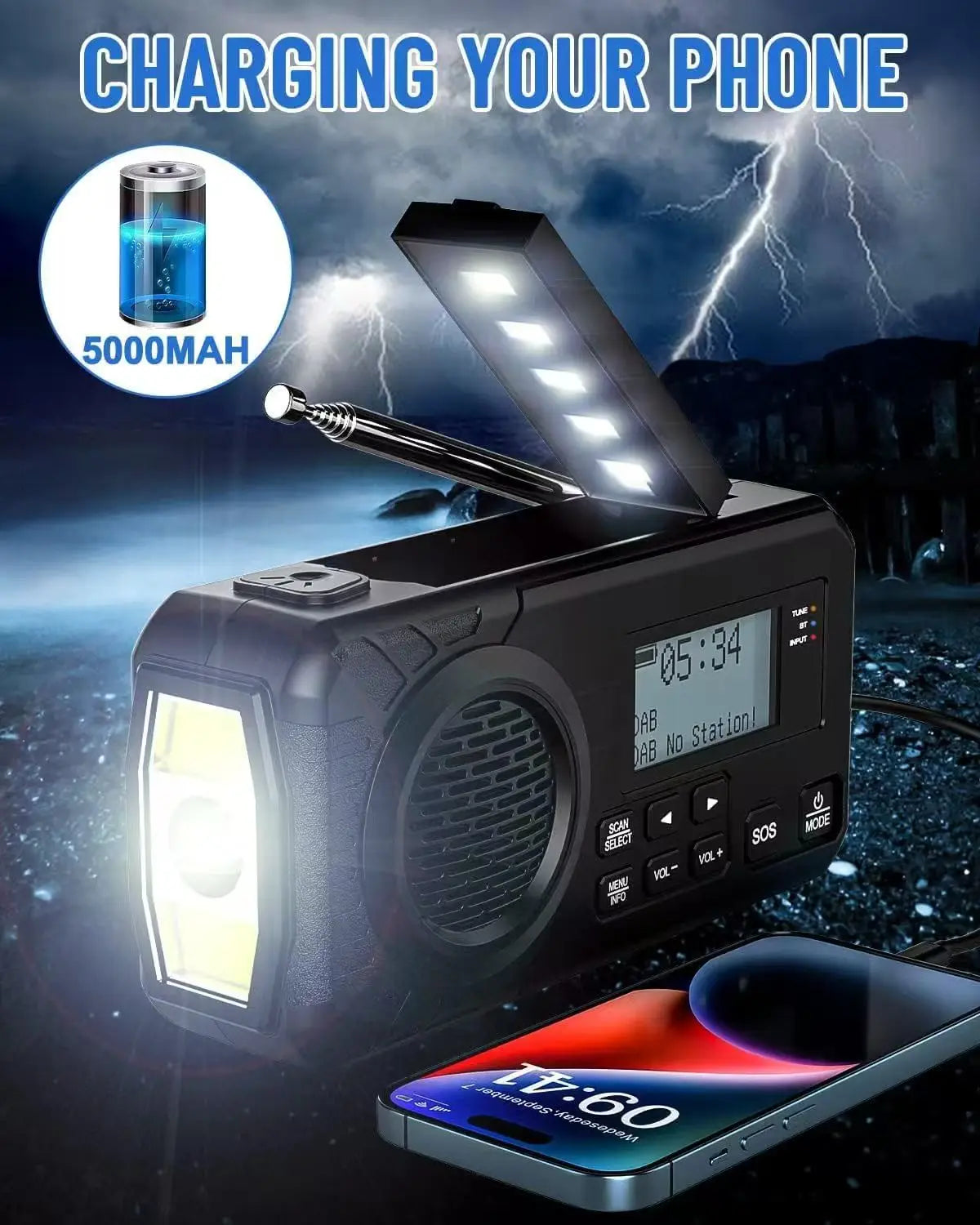 DAB  Portable Hand Crank Radio Emergency Radio Solar  Emergency Radio with BT FM SOS Alarm 5000 mAh  Power Bank and reading lamp