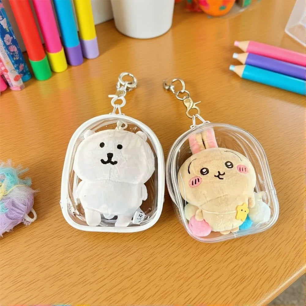 12cm PVC Transparent Storage Bag with Keychain Multicolor Cartoon Doll Display Box Dustproof Case Earphones Gift Organizer Bags