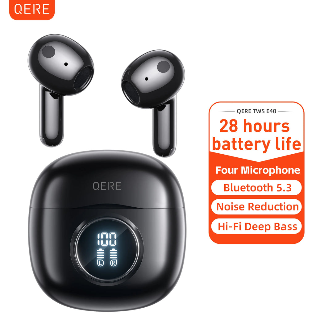 Wireless Headphones,QERE E40,NEW TWS Bluetooth 5.3,HD Microphone,HIFI Earphones,13mm Driver,Display screen+touch,4 Mics+ENC Call
