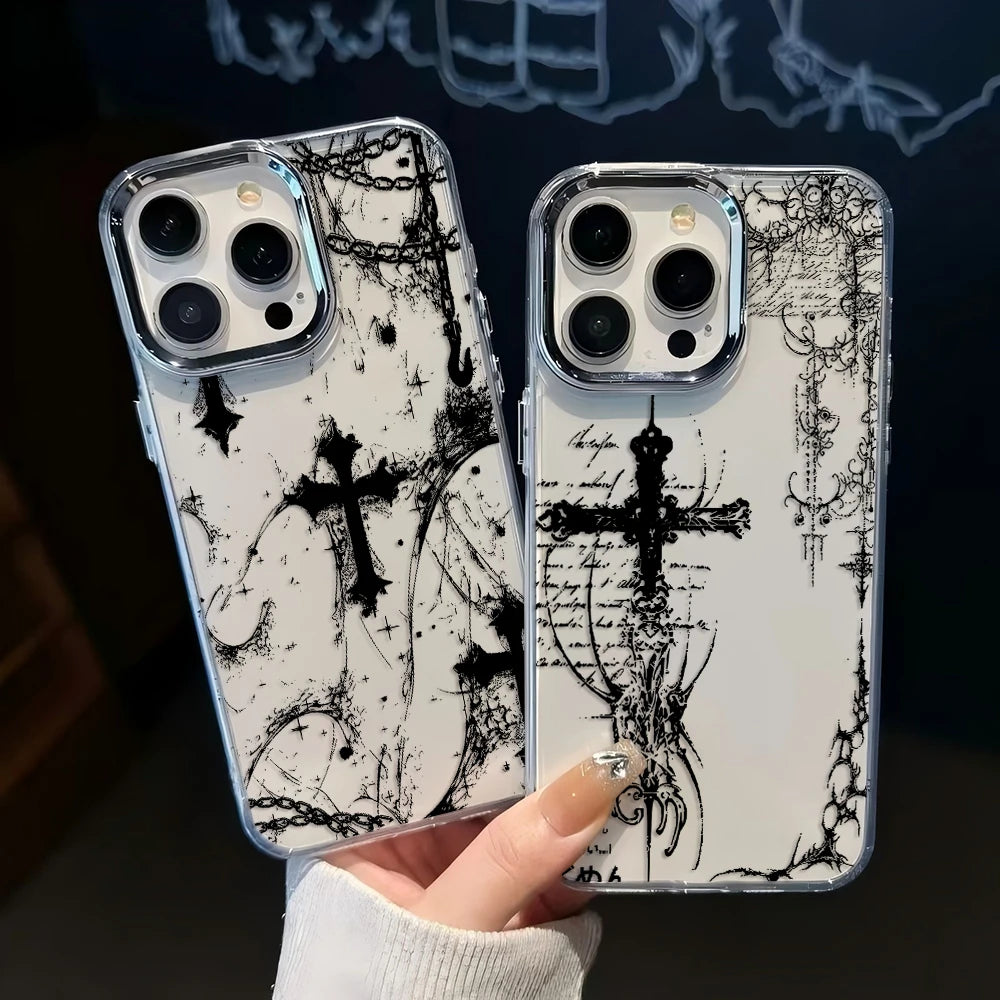 Luxury Dark Gothic Cross Mark Phone Case For iPhone 17 16e 16 15 14 13 12 11 mini Pro Max X XR XSMAX 8 7 Air Plus Soft Cover