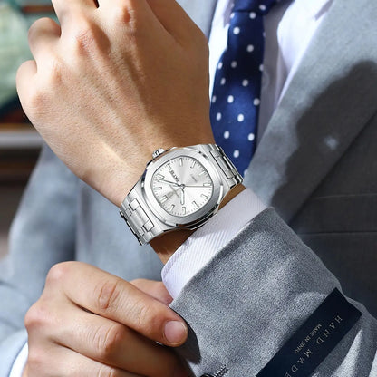 POEDAGAR Classic Square Men Wristwatch Waterproof Luminous Date Week Casual Man Clock Stainless Steel Men's Quartz Watches Reloj