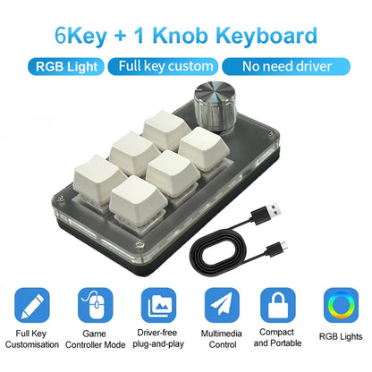 6 Keys 1 Knob Mini Macro Mechanical Keyboard USB RGB Gaming Custom Programming Knob Portable Custom Switch For Photoshop Laptop