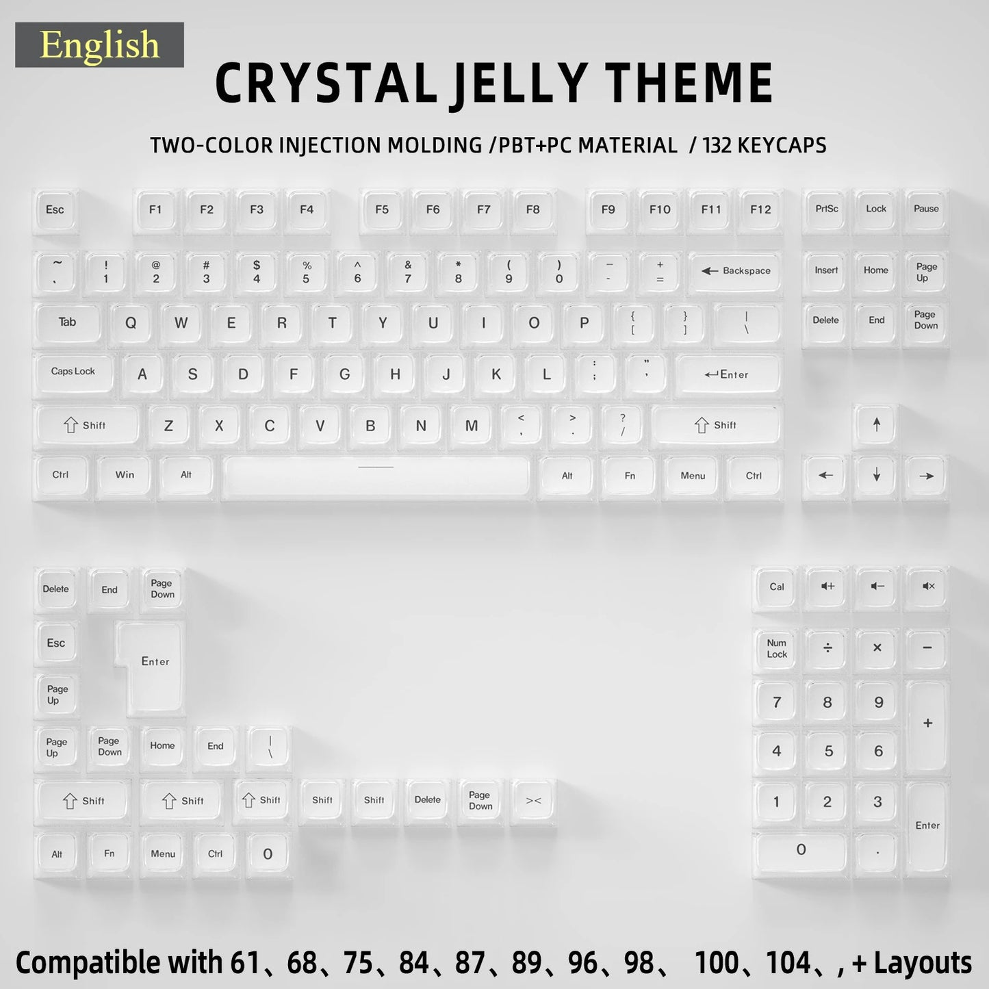 Crystal Jelly Side Front Printed Keycaps for Mechanical Keyboard 60 75 80 100 Layout Key Caps Korean Japanese Русский Arabic