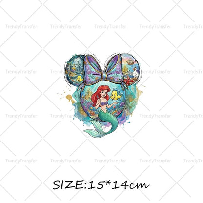 Mouse Head Princess Iron on Transfers for Clothes Heat Press Stickers Thermal Patches on Tees