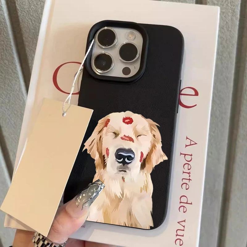 Cute Golden Retriever Red Lip Print Phone Case For iPhone 17 16 15 14 13 12 11 Pro Max X XS XR Plus Air Shockproof Bumper Cover