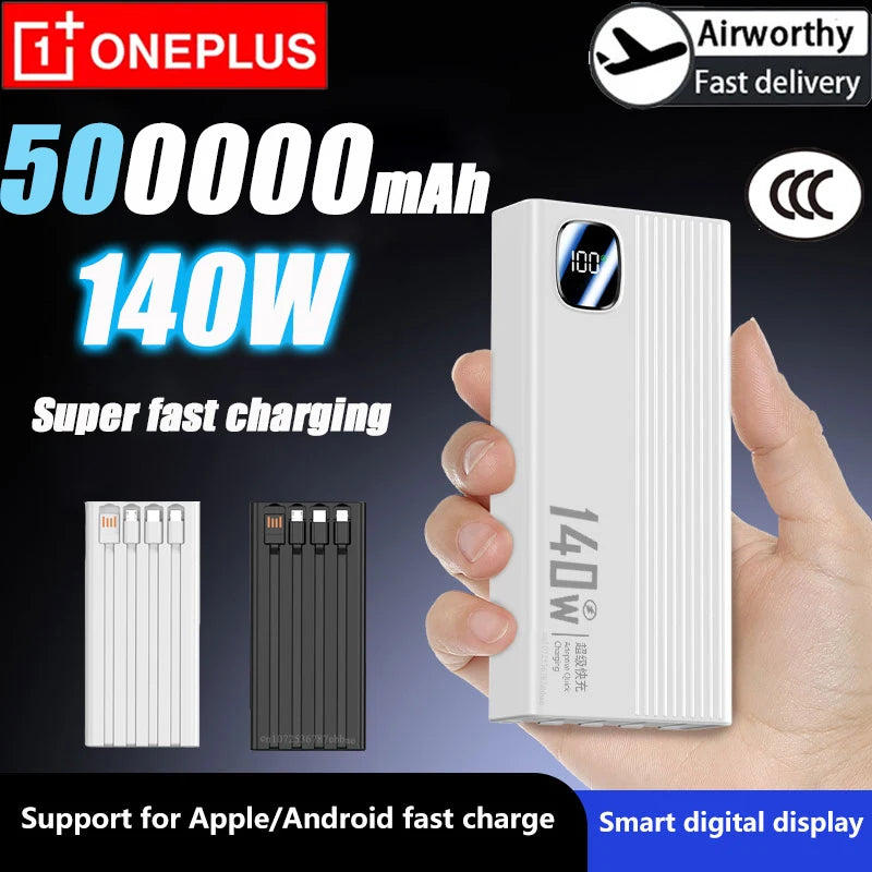 OnePlus 140W 500000mAh Power Bank  Super Fast Charging Large Capacity 4 in1 Cables Intelligent Digital Display Light For Phones