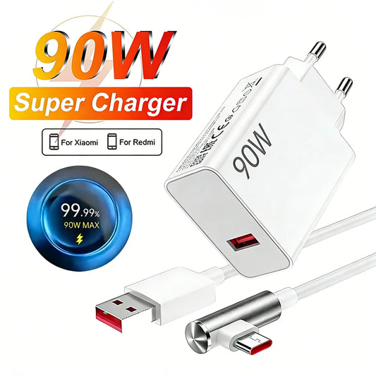 90W Max EU Fast Charger For Xiaomi 13 14 15 Ultra 15T 17 Pro Redmi Note 14 15 Pro POCO F6 F7 F8 X7 X8 Pro Type C USB Elbow Cable