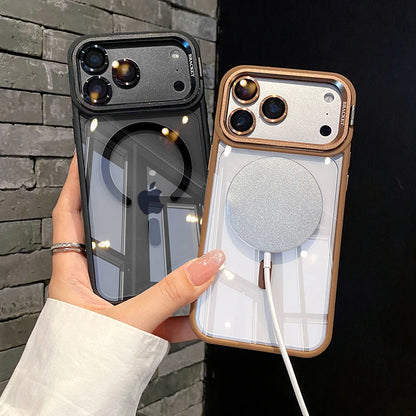 Luxury Lens Holder Transparent Magnetic Wireless Charge Case For iPhone 11 12 13 14 15 16 17 Air Pro Max Plus Shockproof Cover