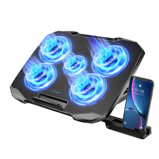 COOLCOLD Laptop Cooling pad for 12-17 Inch Laptop Cooler Stand, 5 quiet fans, 5 Angle Adjustable with phone holder