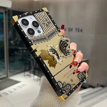 Luxury Diamond Butterfly Bracket Stand Phone Case For iPhone 16 15 Pro Max 14 13 12 11 Mirror Shockproof Protection Bumper Cover