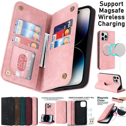 For iPhone 12 13 14 15 Pro Max 14 Plus 13Mini Flip Leather Wallet Card Slot MagSafe Charging Case Cover