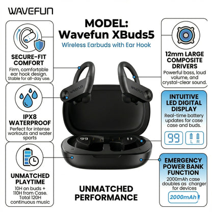 Wavefun XBuds Bluetooth Earphone Wireless Headphones with Ear Hook IPX7 Waterproof Super Bass Sport Earphones Music Gaming Mode