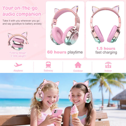 Cat Ear Wireless Headphones for Girls Kids Bluetooth Headphones Safe Volume 74/85/94dB Foldable Children's Headset For Travel