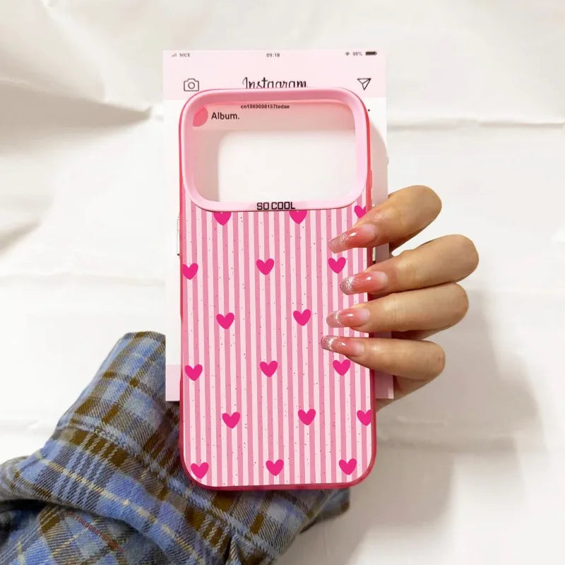 Simple Cute Pink White Plaid Love Heart Phone Case For iPhone 17 Air 16 Pro MAX 14 Plus 15 13 11 12Mini Stripes Design IMD Cover