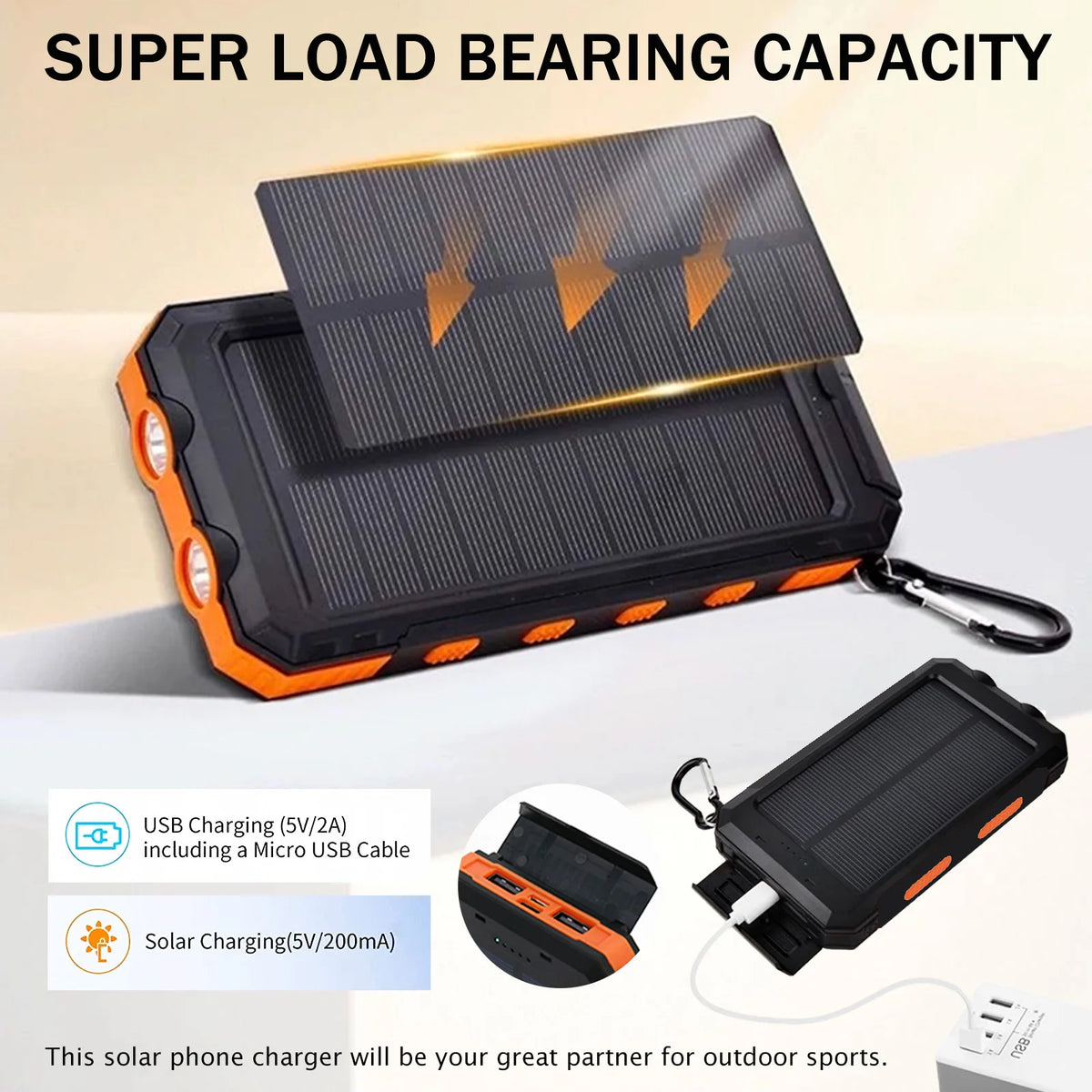 20000mAh Solar Charger Waterproof Portable Solar Power Bank Dual 5V USB Ports 2 LED Flashlight Compass for Outdoor Camping Hik
