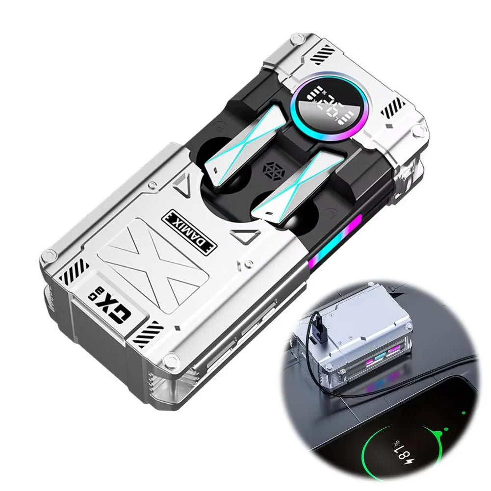 New 2026 DX-08 Mecha Wireless Earbuds Bluetooth 5.3 RGB LED Power Display 72H Playtime Low Latency Gaming Earphones