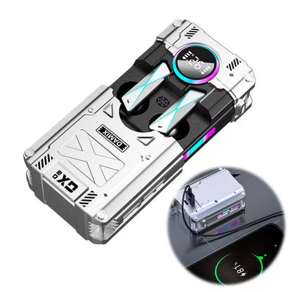 New 2026 DX-08 Mecha Wireless Earbuds Bluetooth 5.3 RGB LED Power Display 72H Playtime Low Latency Gaming Earphones