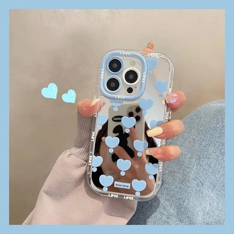 Simple Blue Love Bow Mirror Phone Case For iPhone 16 15 14 13 12 11 Pro Max XR XS MAX 7 8 PLUS MINI Y2K Shockproof Cover