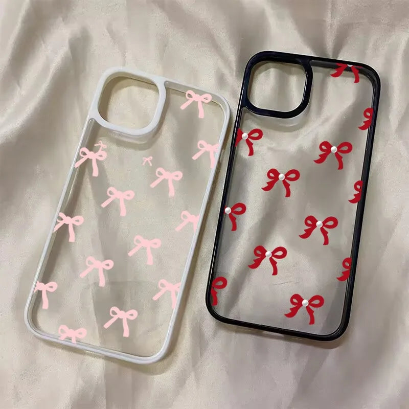 Fashionable Red Pink Bow Phone Case For IPhone 16 15 Pro Max Plus 14 13 12 11 Pro Max XR X XS Max 7 8 Plus SE Clear Cover Case