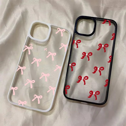 Fashionable Red Pink Bow Phone Case For IPhone 16 15 Pro Max Plus 14 13 12 11 Pro Max XR X XS Max 7 8 Plus SE Clear Cover Case