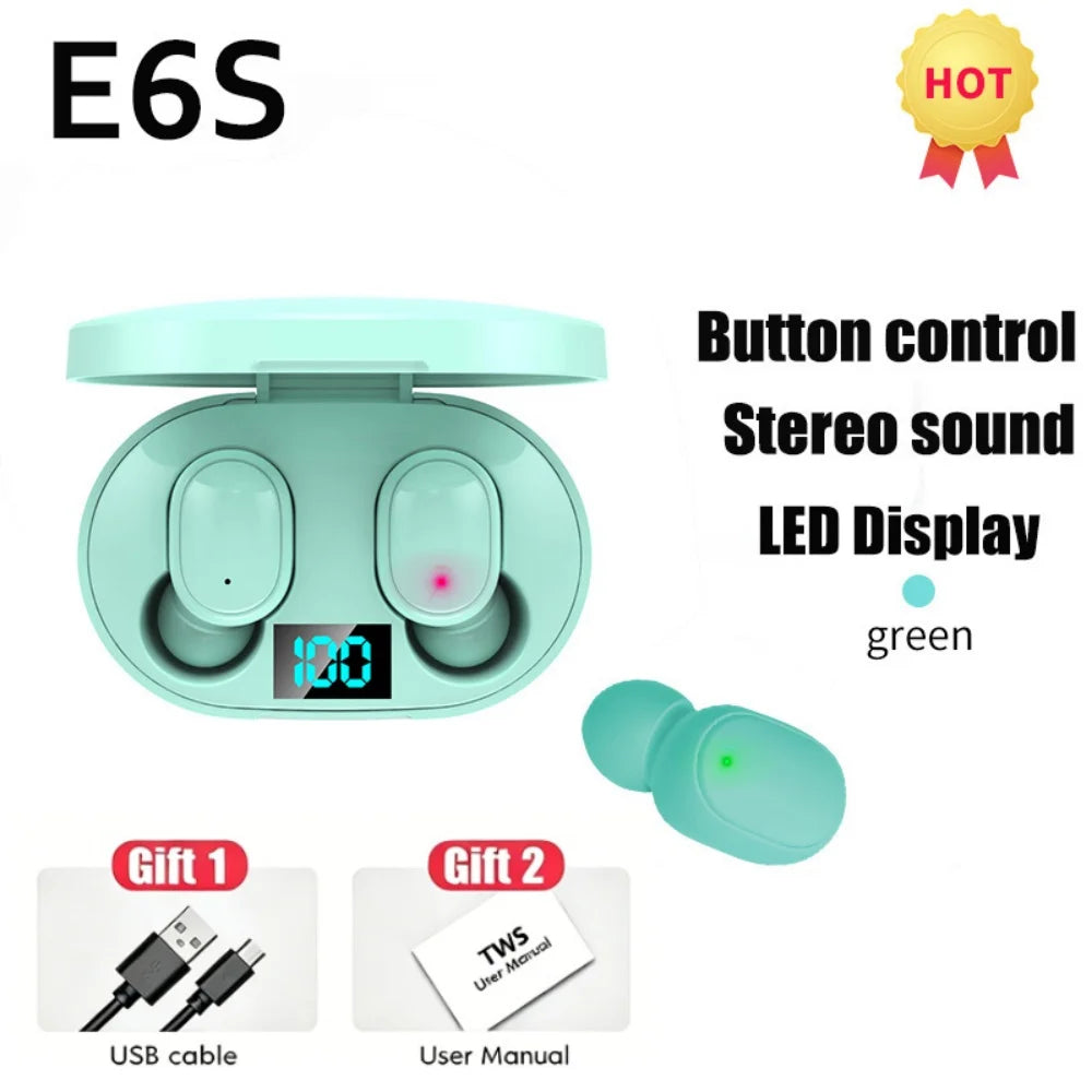 Wireless Bluetooth Earphones for Smartphones E6S TWS Digital Display Noise Cancelling Earbuds with Mic HiFi Stereo Sound Headset
